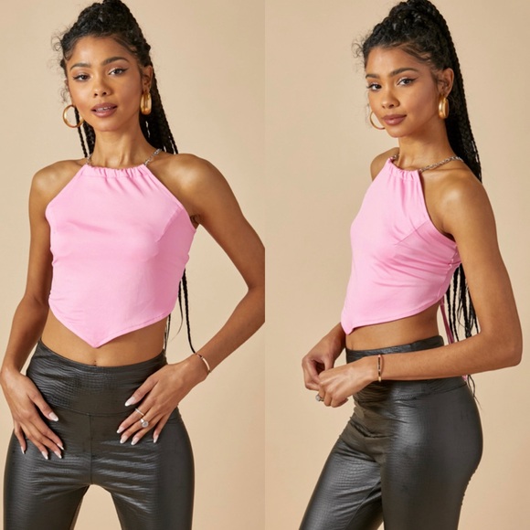 Pink scarf style chain halter top in Barbie pink - Picture 5 of 7